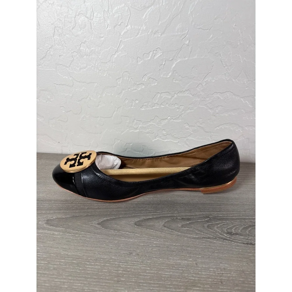 Tory Burch Minnie Cap Toe Ballet Flat Perfect Black Leather Gold Logo Size US 6M